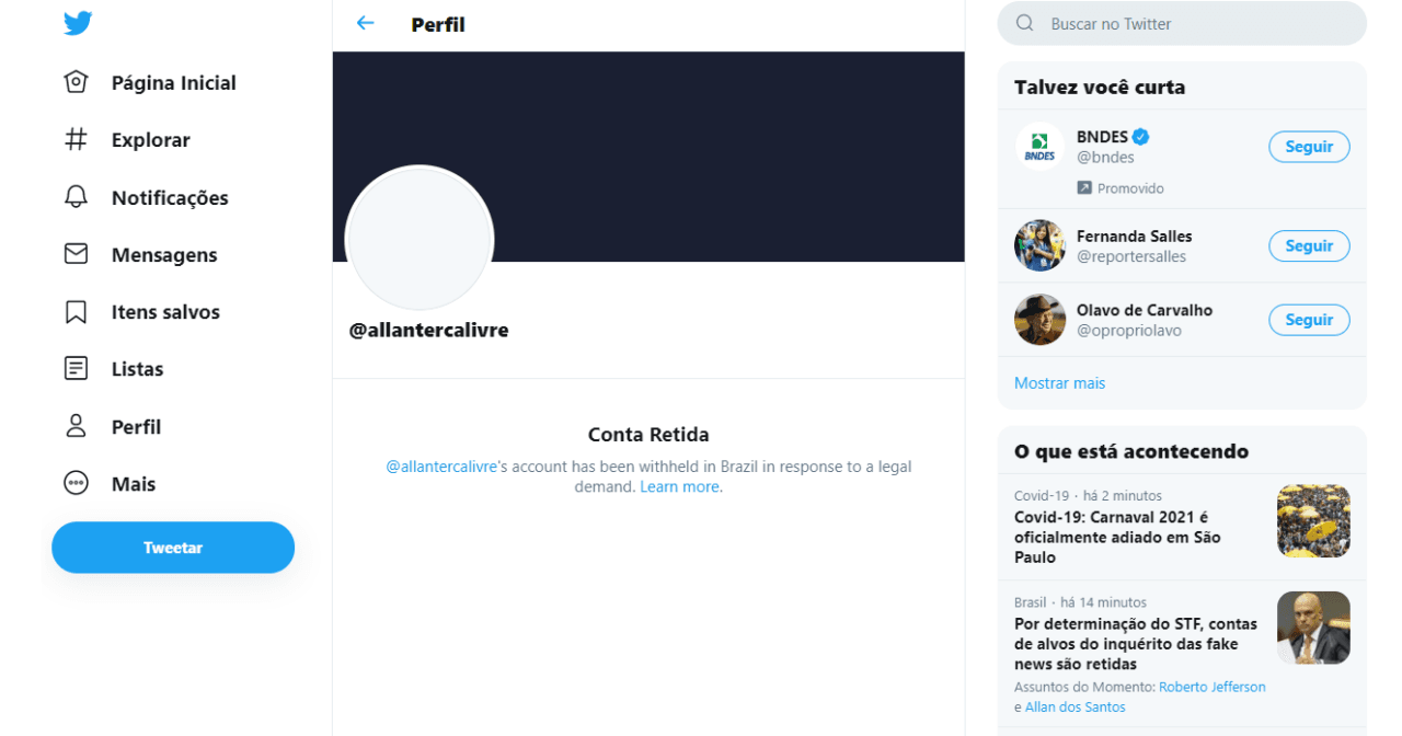 Conta de apoiadores de Bolsonaro é suspensa no Twitter e Facebook por ordem de Alexandre de Morais - conta retida twitter