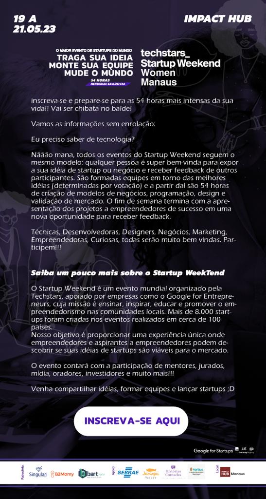 Manaus sedia 1ª Startup Weekend do ano com foco nas mulheres - card startup