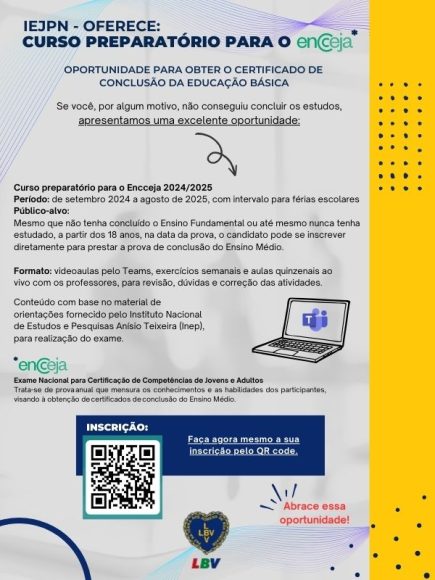 Escola oferece gratuitamente o Curso Preparatório para o ENCCEJA - Enceja LBV.jpeg Escola oferece gratuitamente o Curso Preparatório para o ENCCEJA - Enceja LBV.jpeg