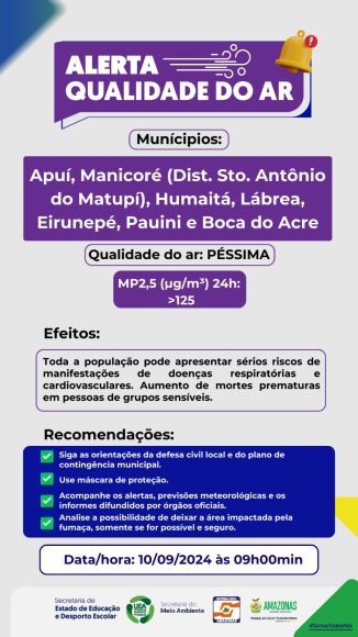 Defesa Civil alerta sobre qualidade do ar em municípios do AM - Imagem do WhatsApp de 2024 09 10 as 10.02.37 8d5199cc Defesa Civil alerta sobre qualidade do ar em municípios do AM - Imagem do WhatsApp de 2024 09 10 as 10.02.37 8d5199cc