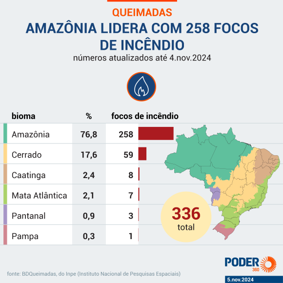 Brasil tem 336 focos de incêndio, sendo 76,8% na Amazônia, mostram dados do Inpe - queimadas brasil 5 nov 2024 02